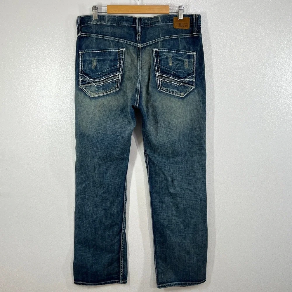 BKE Tyler Straight‎ Jeans Men 36R Blue Medium Wash Distressed Denim Thick Stitch
